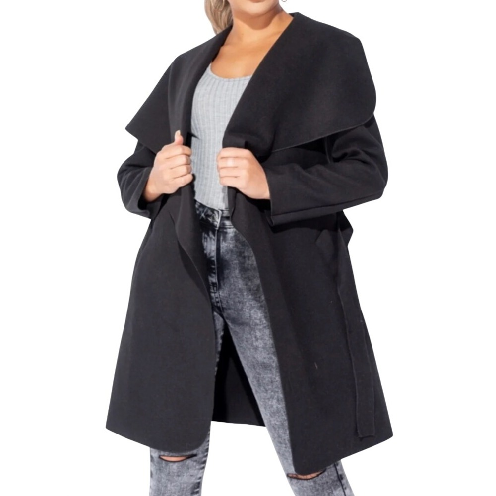 BOOHOO Super Soft Felt WATERFALL BELTED COAT Trench Jacket Wool Look PLUS 1X/16